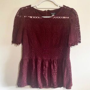 Shabby Chic Lace Short Sleeve Dressy Shirt, Cranberry Maroon Burgundy, Medium